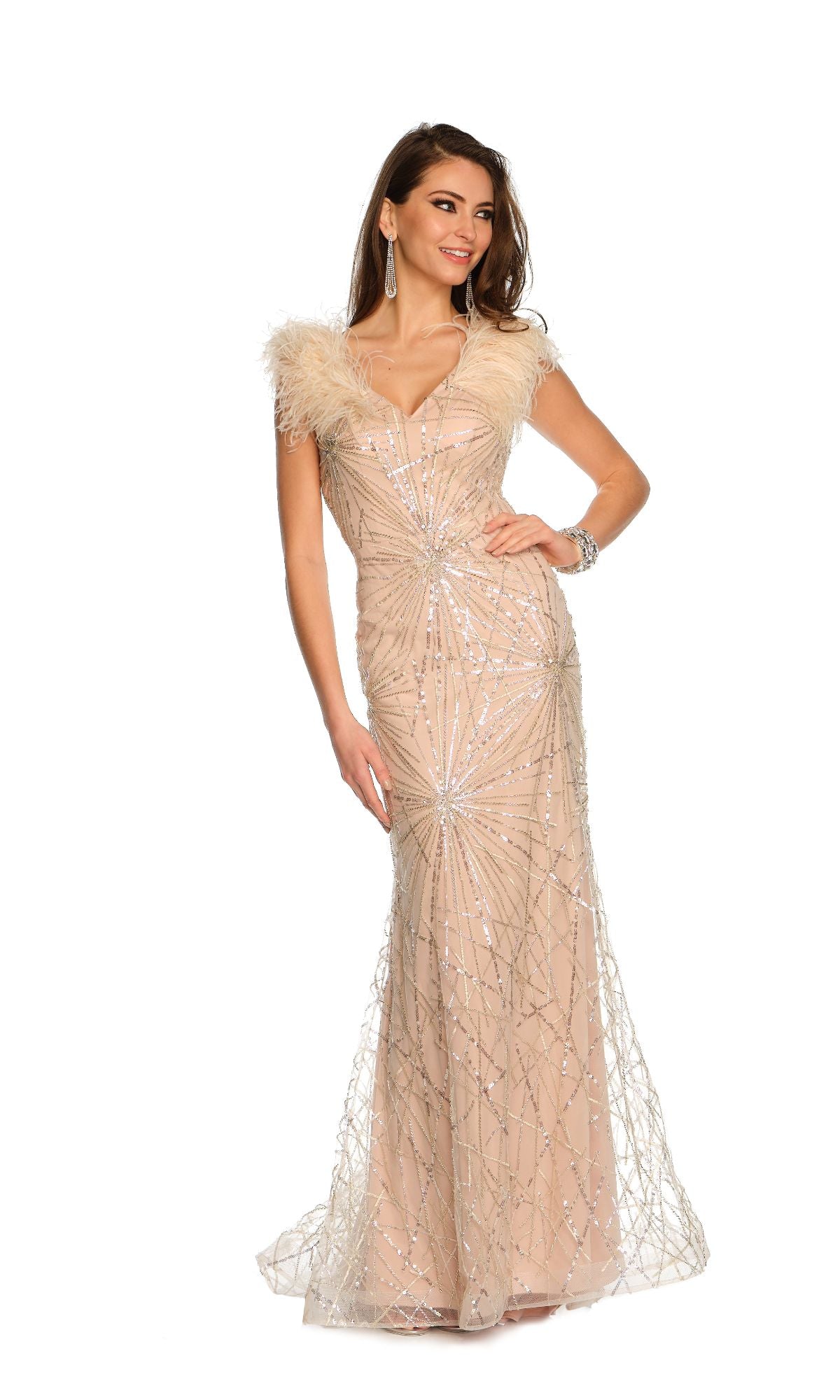 A woman wearing the Dave and Johnny Feather Long Pink Prom Dress 11221, a floor-length blush pink sequin gown with feathered shoulder straps, stands against a white background.